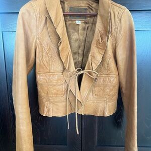 VINTAGE old navy Leather jacket ruffled Y2K Carmel Brown size S/M